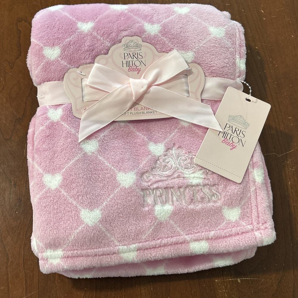 Paris Hilton Baby Soft Plush Blanket Pink Princess Hearts Lovey New